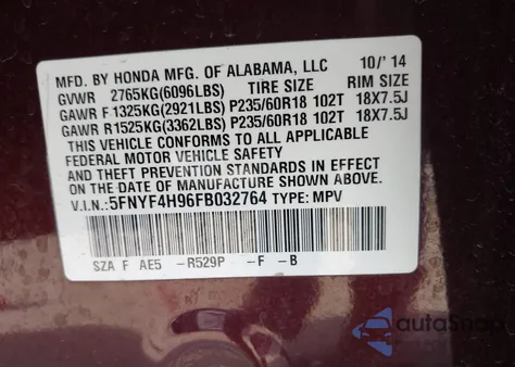 2015 Honda Pilot Touring from USA, damaged, VIN 5FNYF4H96FB032764